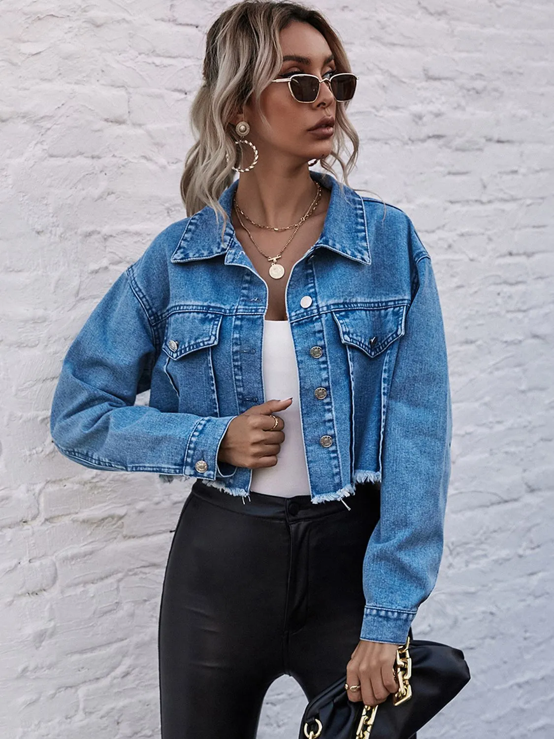 Boho Cropped Collared Neck Raw Hem Denim Jacket