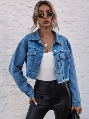 Boho Cropped Collared Neck Raw Hem Denim Jacket