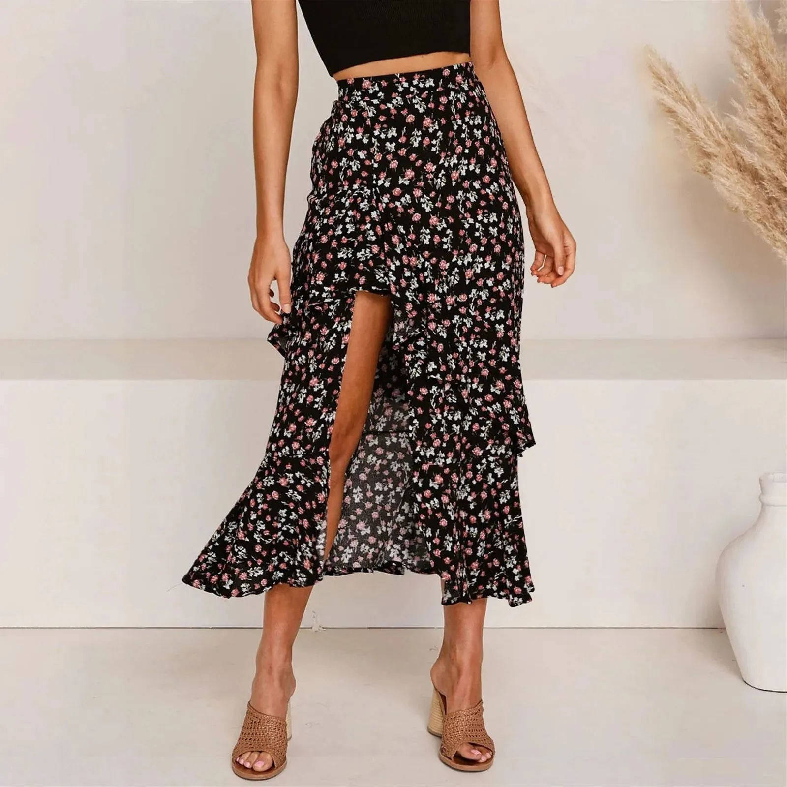 Boho Floral Print Dress Vintage High Low Side Swing Retro Ruffles Summer Skirt