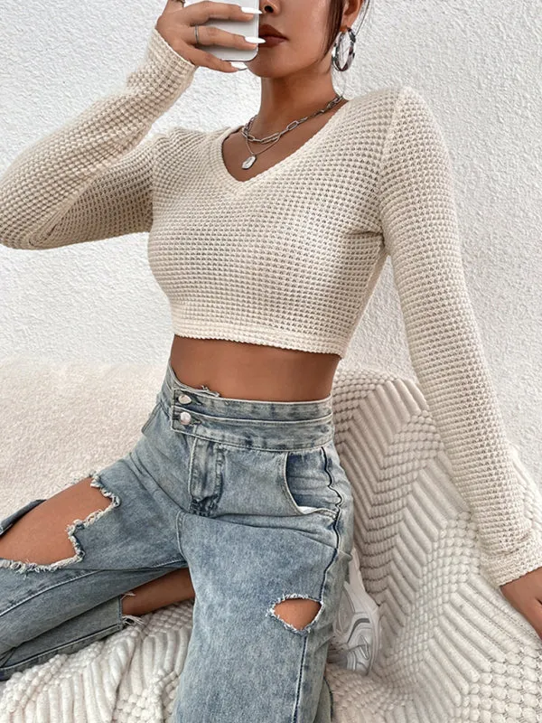 Boho Khaki Women's Hollow Slim Fit Waffle Knit Crop Top