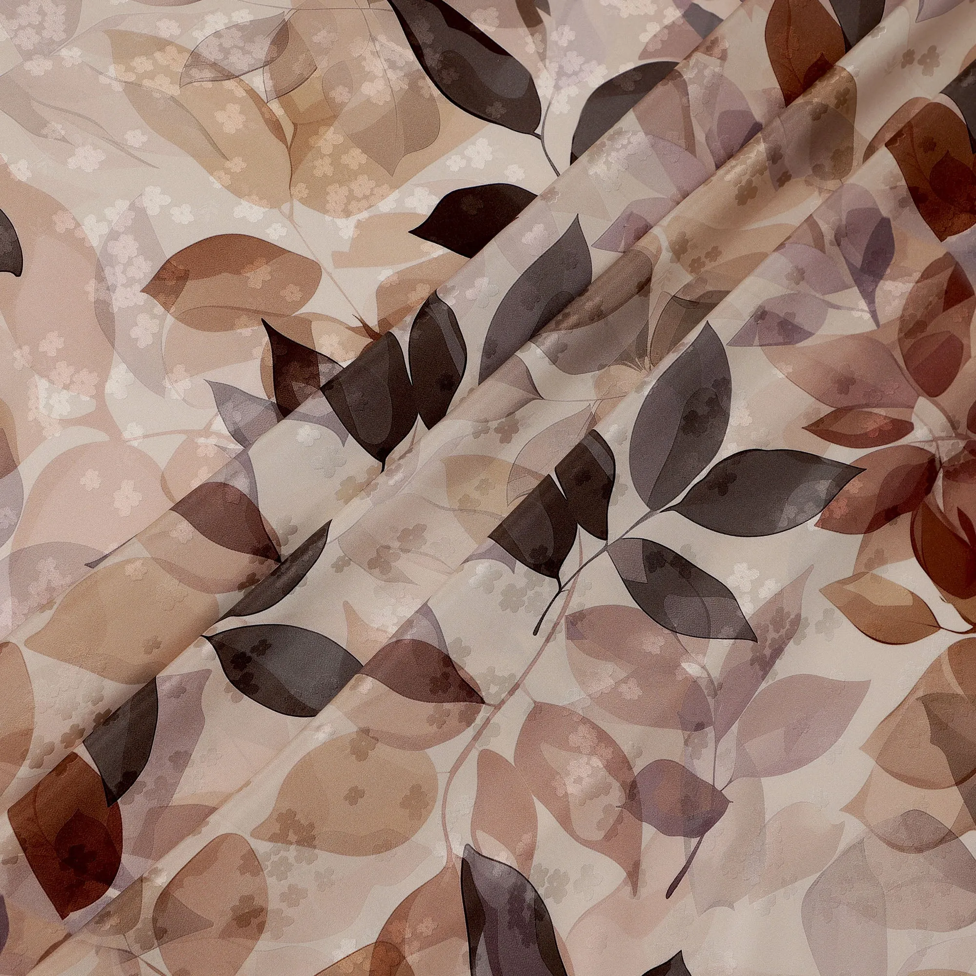 Brown and Beige Leaf Print Pure Silk Satin Fabric, 140 cm Width, Made in Italy -D21157