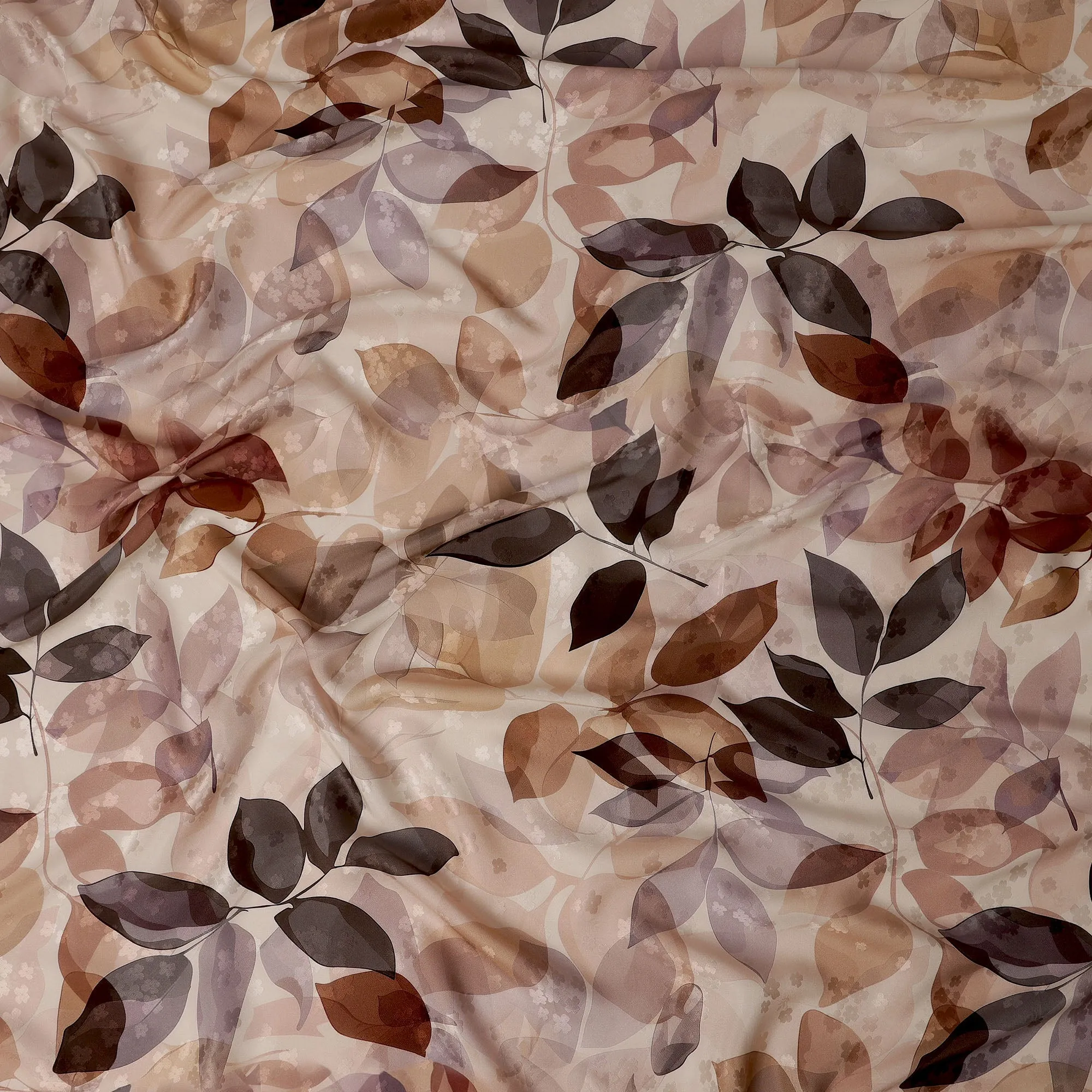 Brown and Beige Leaf Print Pure Silk Satin Fabric, 140 cm Width, Made in Italy -D21157