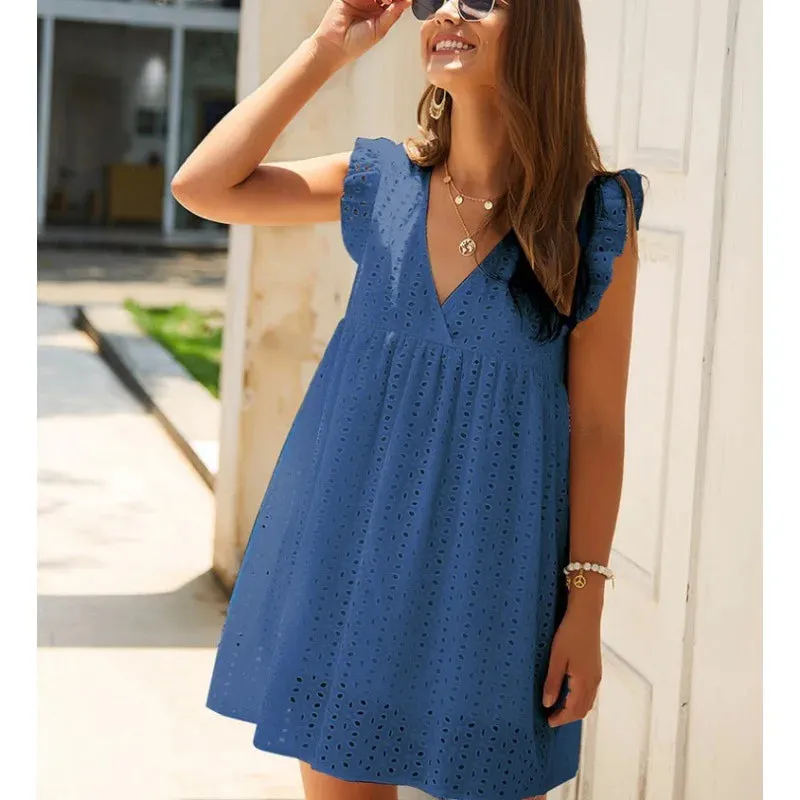 Casual Loose Hollow Short Flying Sleeves Summer Women's 2024 New V-neck Lace Lining Mini Dress