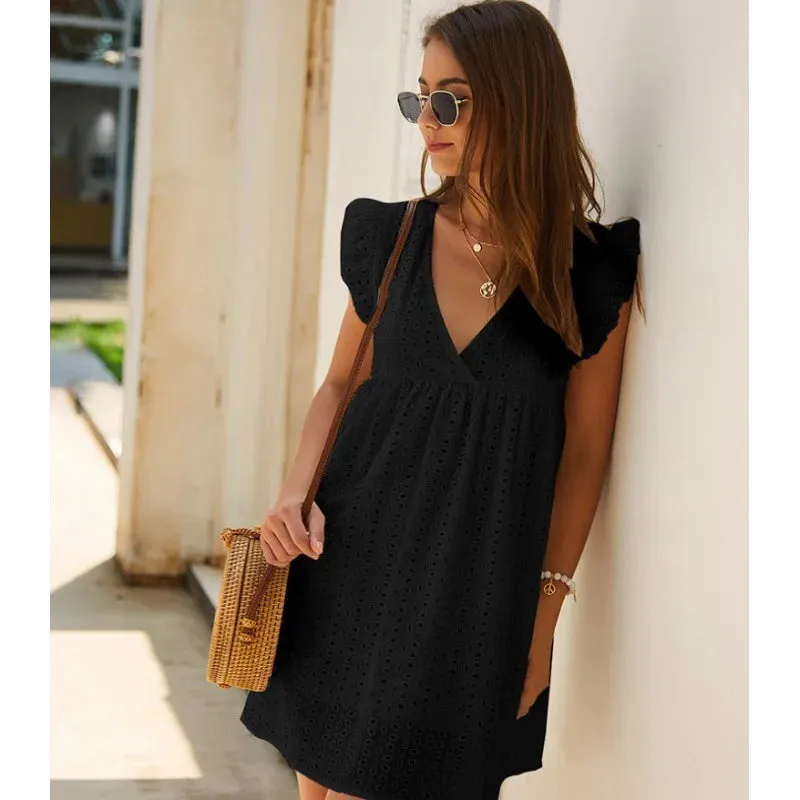 Casual Loose Hollow Short Flying Sleeves Summer Women's 2024 New V-neck Lace Lining Mini Dress