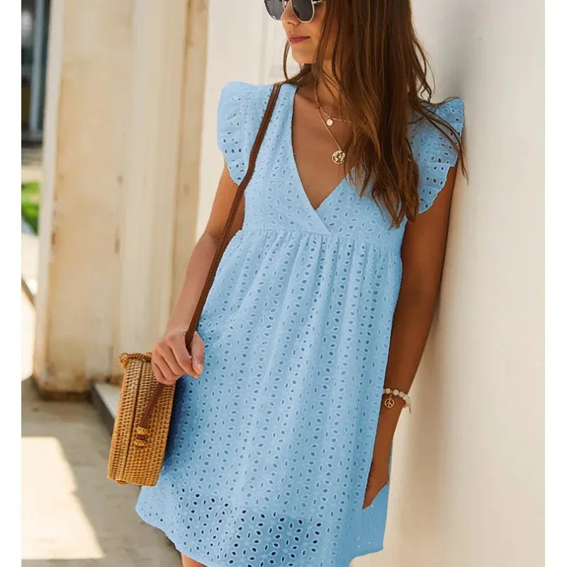 Casual Loose Hollow Short Flying Sleeves Summer Women's 2024 New V-neck Lace Lining Mini Dress