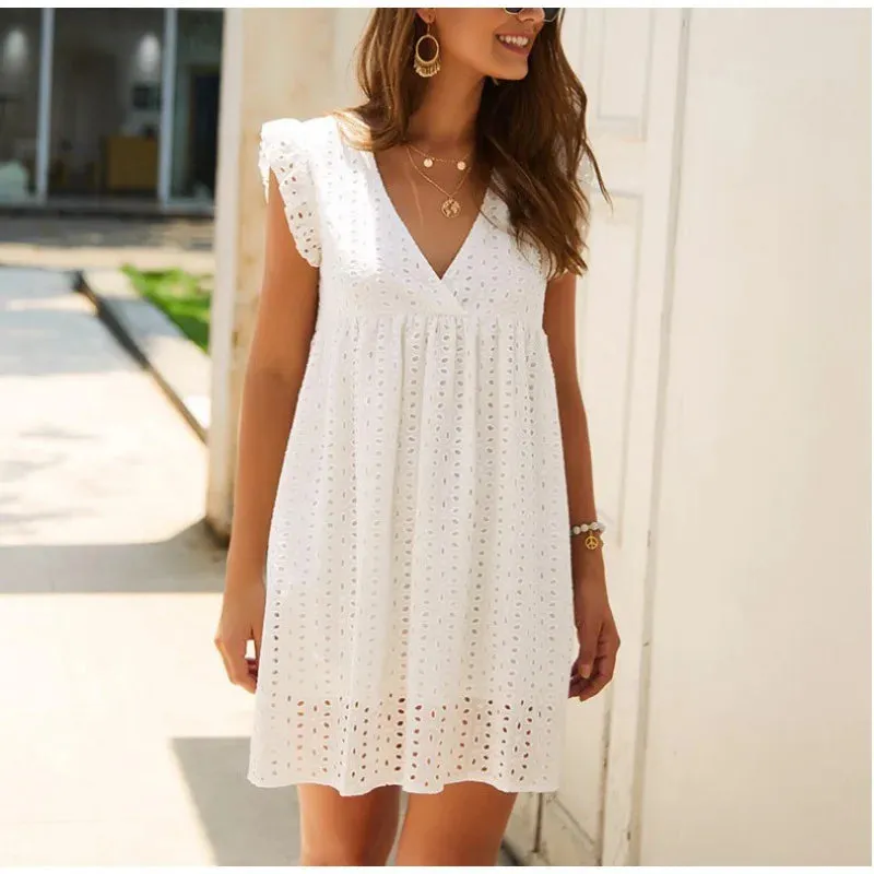 Casual Loose Hollow Short Flying Sleeves Summer Women's 2024 New V-neck Lace Lining Mini Dress