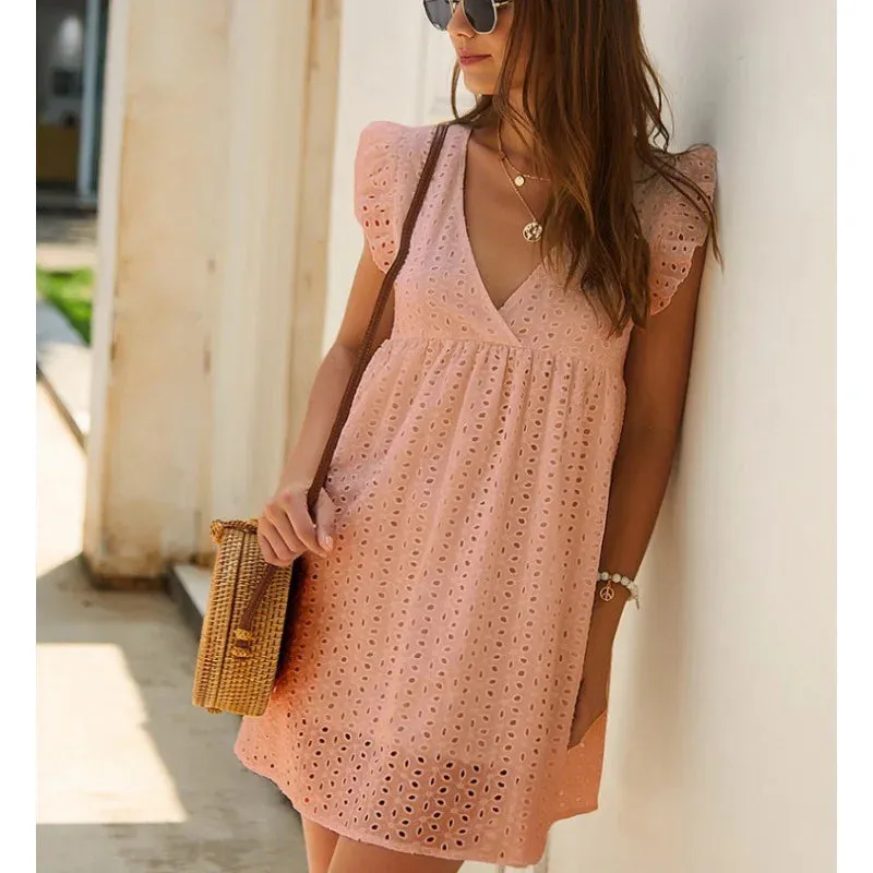 Casual Loose Hollow Short Flying Sleeves Summer Women's 2024 New V-neck Lace Lining Mini Dress