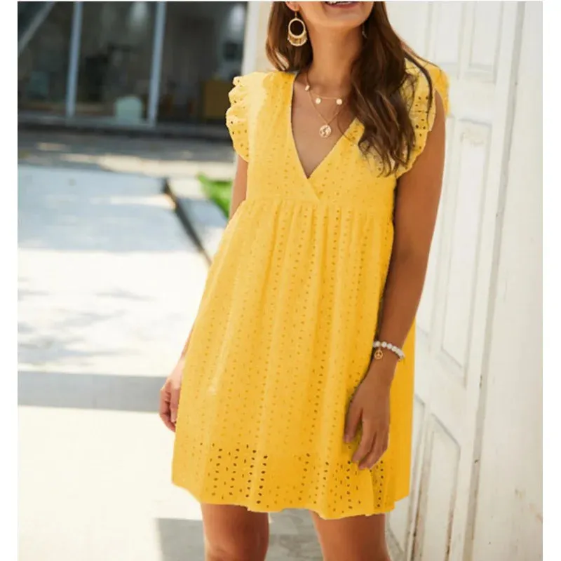 Casual Loose Hollow Short Flying Sleeves Summer Women's 2024 New V-neck Lace Lining Mini Dress