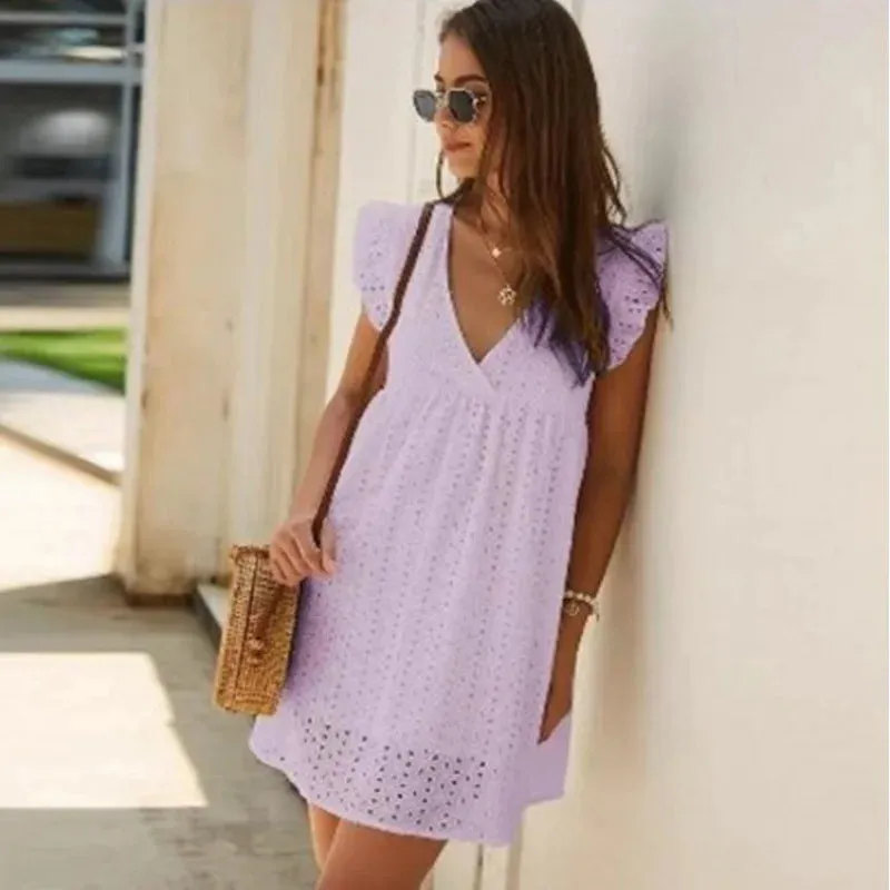 Casual Loose Hollow Short Flying Sleeves Summer Women's 2024 New V-neck Lace Lining Mini Dress