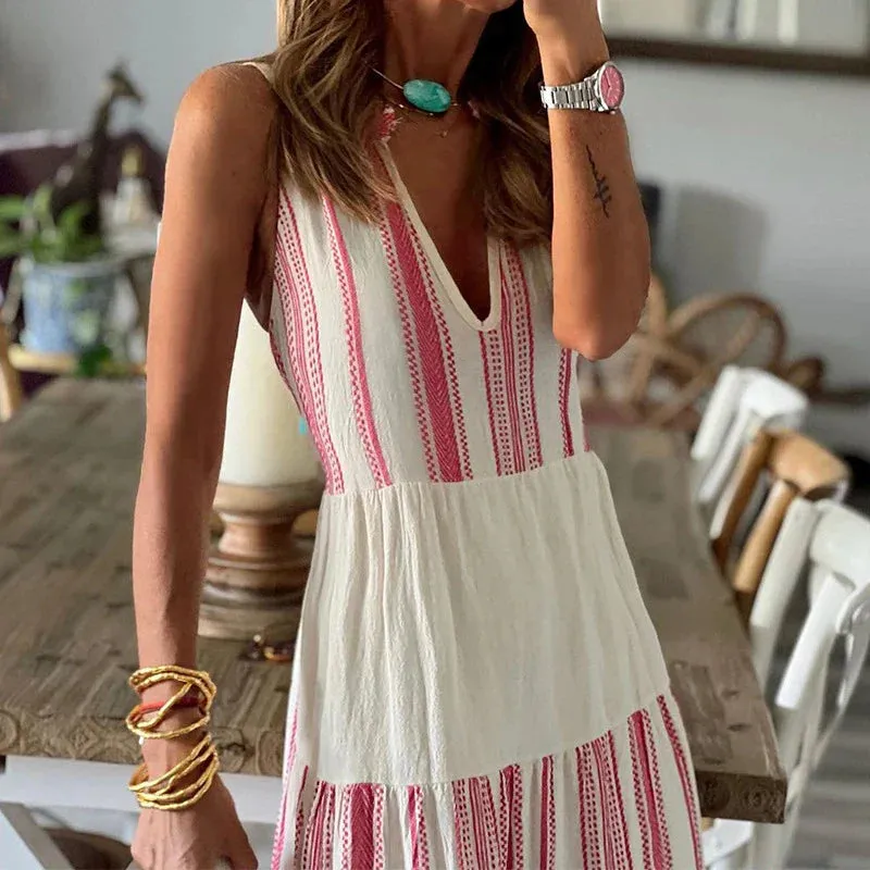 Casual Striped Print Beach Fashion Chic V Neck Long Summer Pleat Floral Bohemian Dress