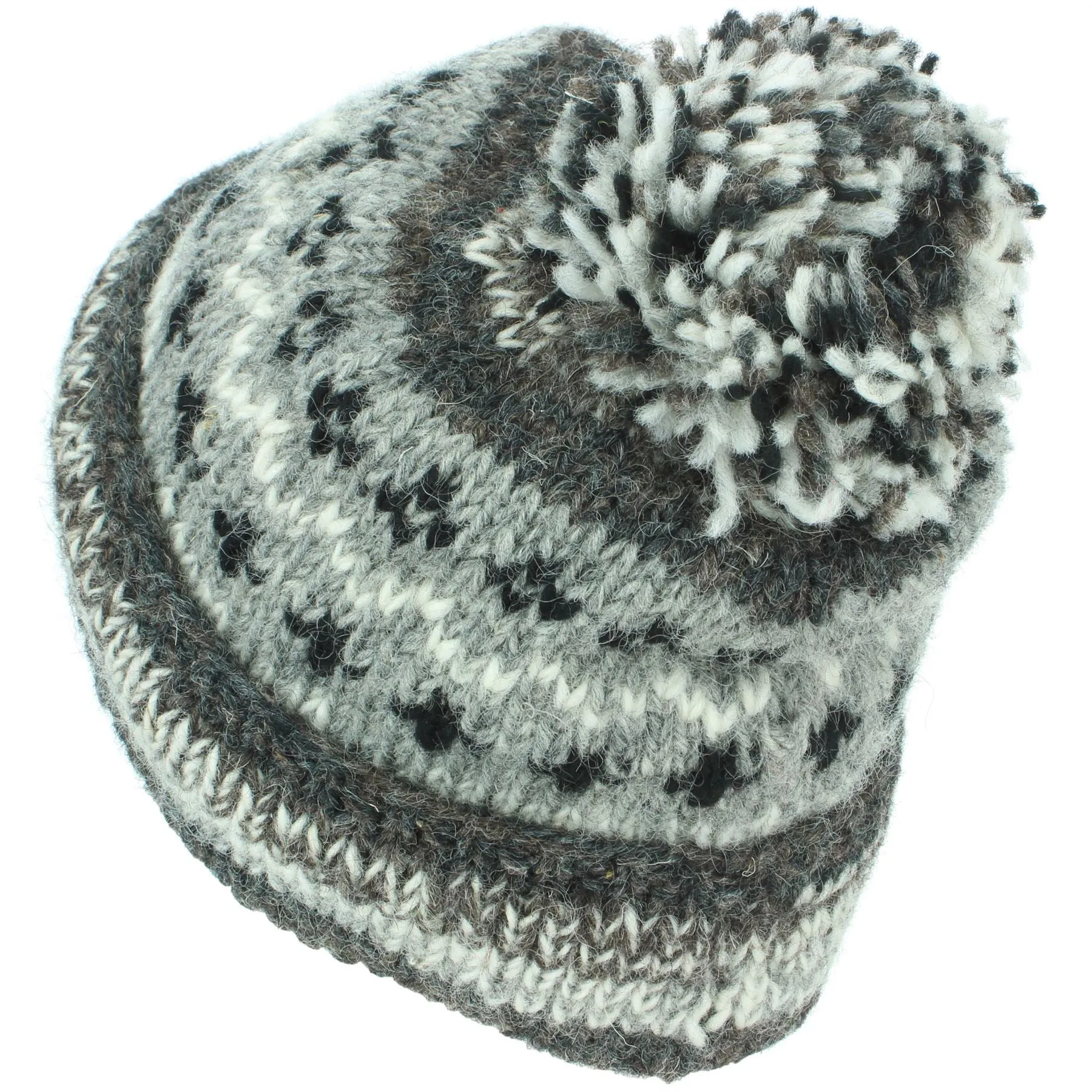 Chunky Wool Knit Abstract Pattern Beanie Bobble Hat - 17 Grey