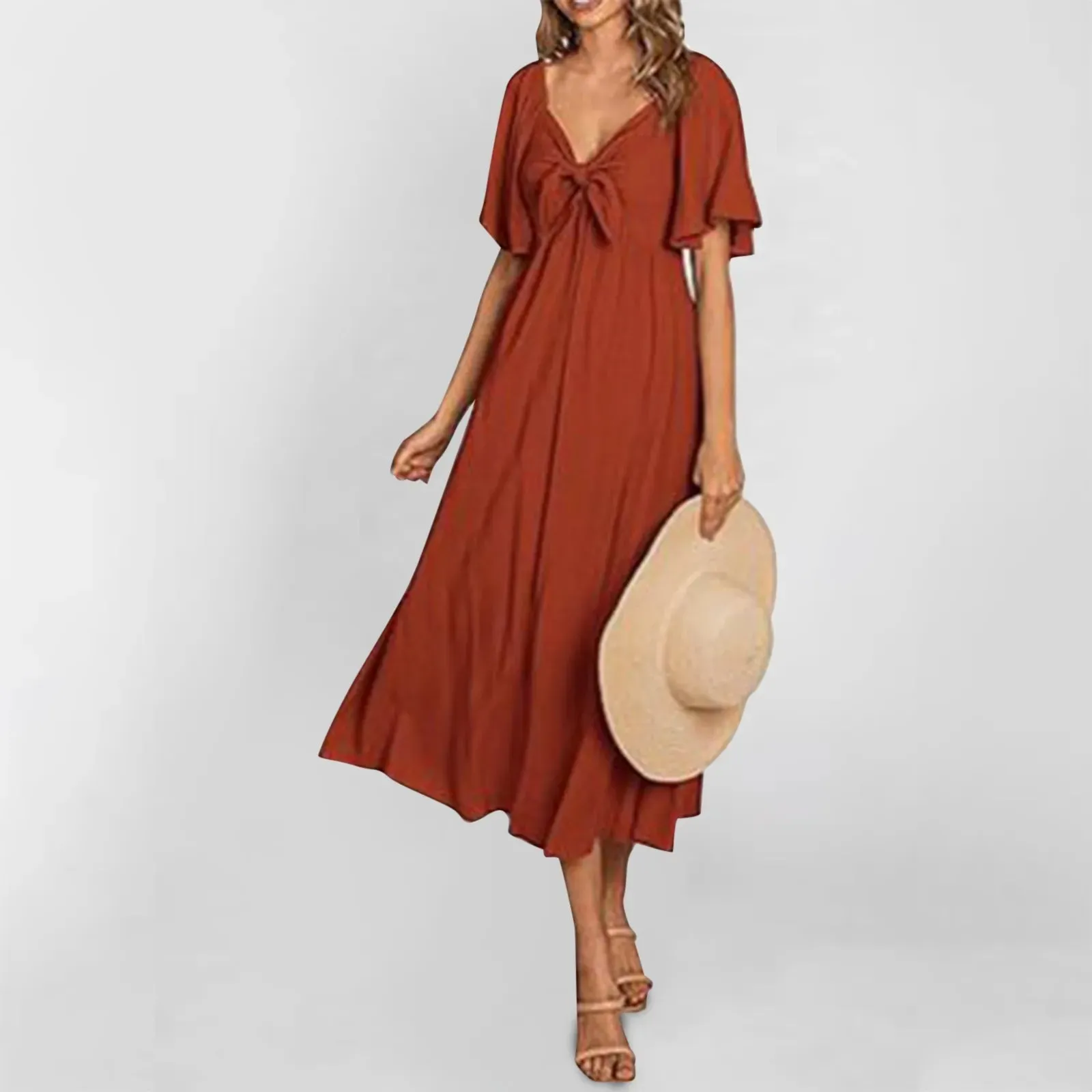 Color Short Sleeve V Neck Bownot A-Line Fashion Beach Vacation Midi Solid Dress