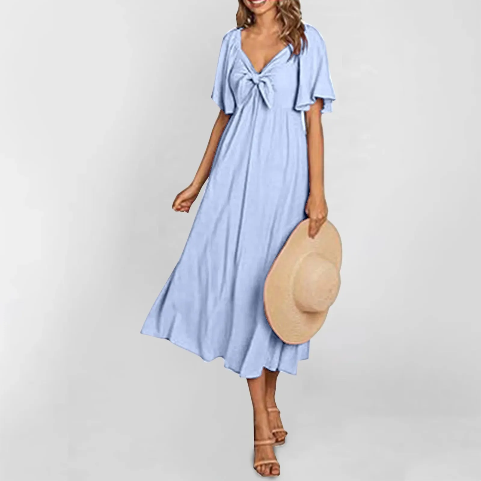 Color Short Sleeve V Neck Bownot A-Line Fashion Beach Vacation Midi Solid Dress