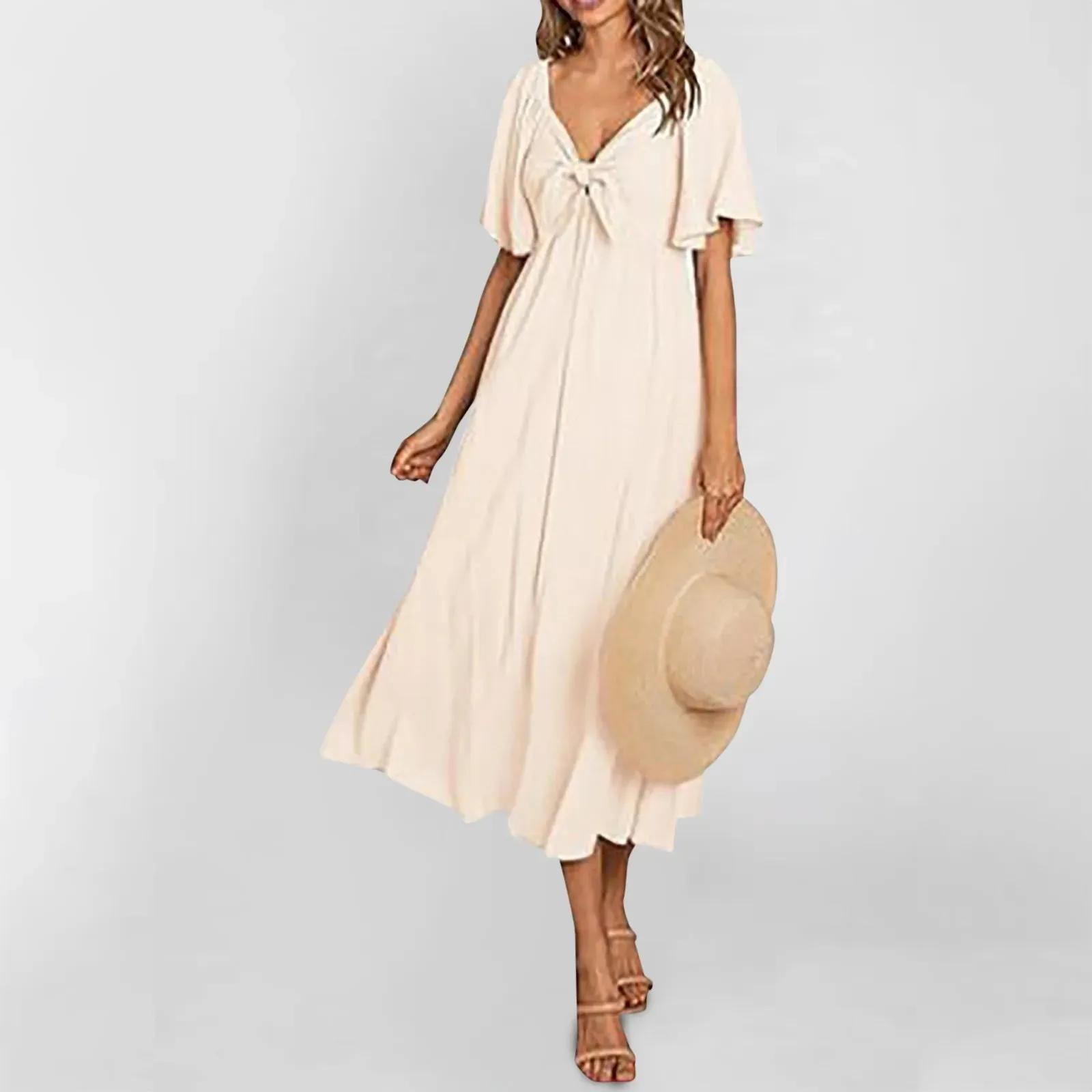 Color Short Sleeve V Neck Bownot A-Line Fashion Beach Vacation Midi Solid Dress