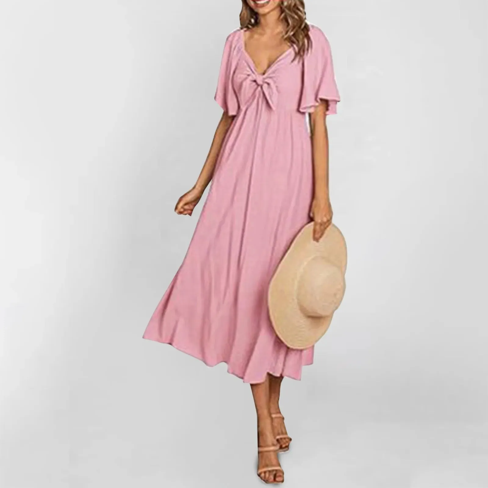 Color Short Sleeve V Neck Bownot A-Line Fashion Beach Vacation Midi Solid Dress