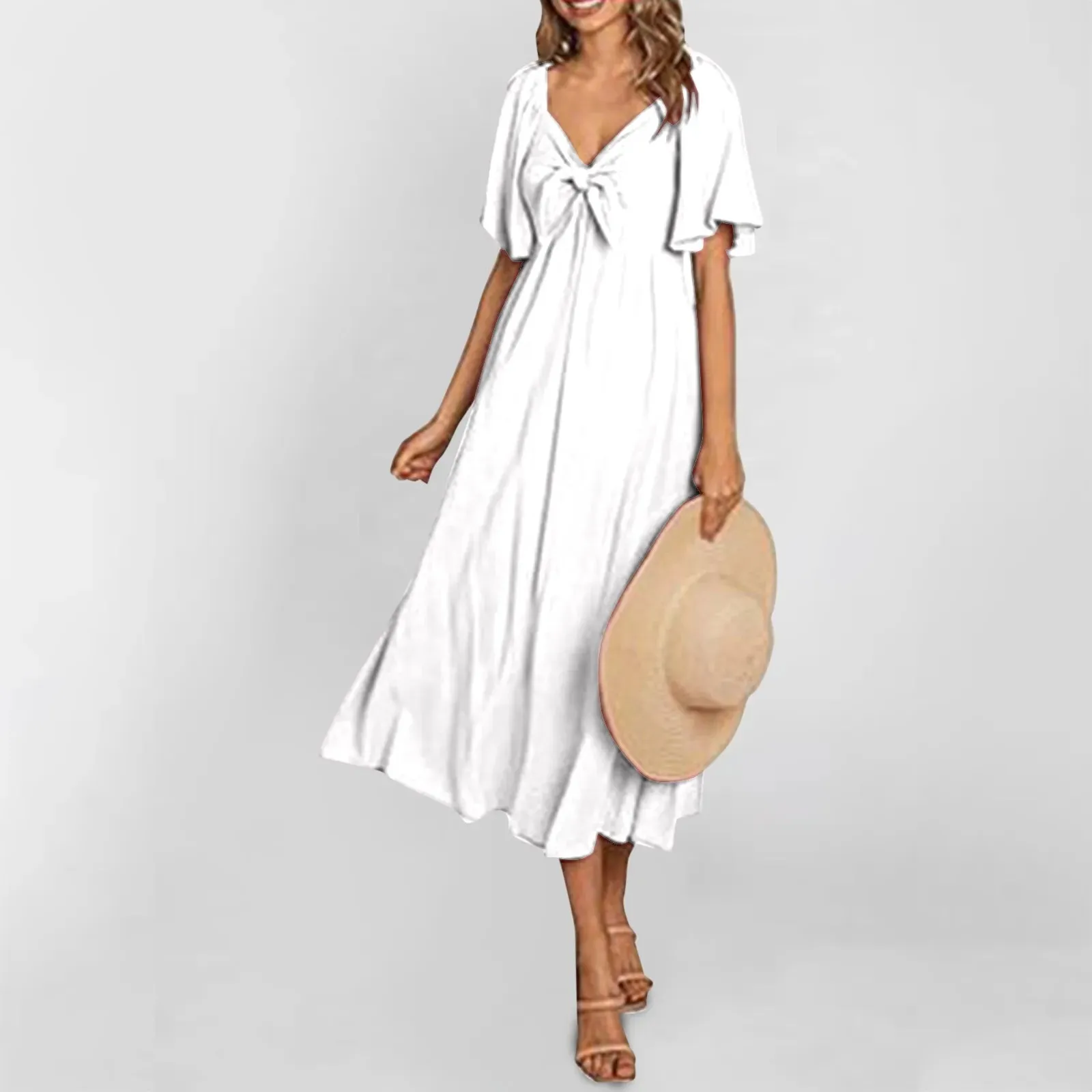 Color Short Sleeve V Neck Bownot A-Line Fashion Beach Vacation Midi Solid Dress