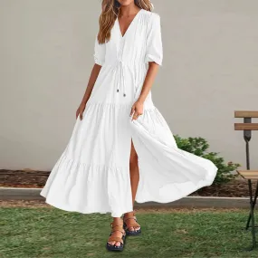 Color Short Sleeve V Neck Ruffles A-Line Side Slit Maxi Bohemian Vacation Midi Solid Dress