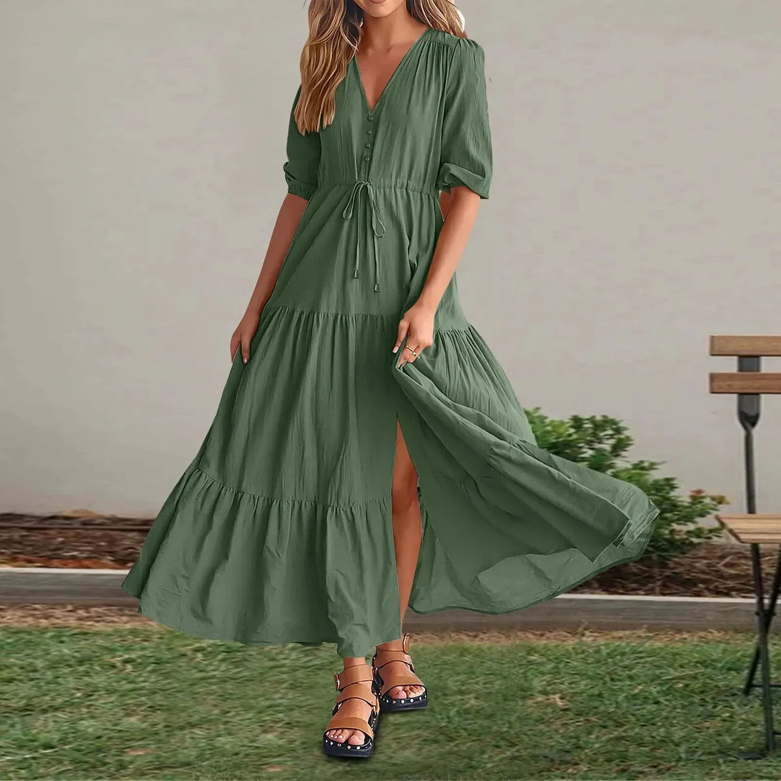 Color Short Sleeve V Neck Ruffles A-Line Side Slit Maxi Bohemian Vacation Midi Solid Dress