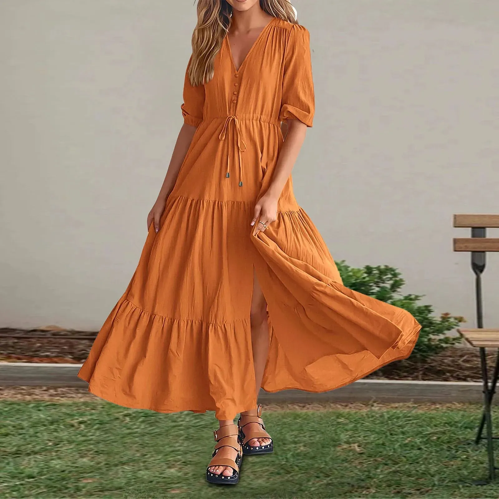 Color Short Sleeve V Neck Ruffles A-Line Side Slit Maxi Bohemian Vacation Midi Solid Dress