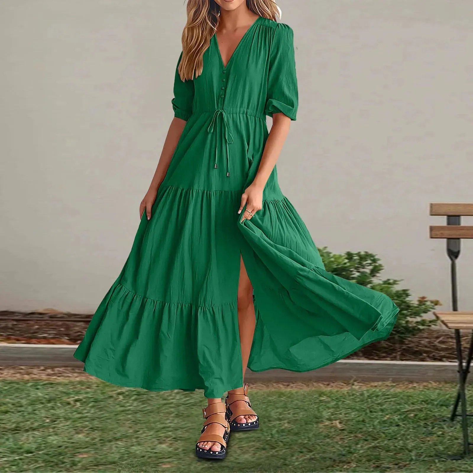 Color Short Sleeve V Neck Ruffles A-Line Side Slit Maxi Bohemian Vacation Midi Solid Dress