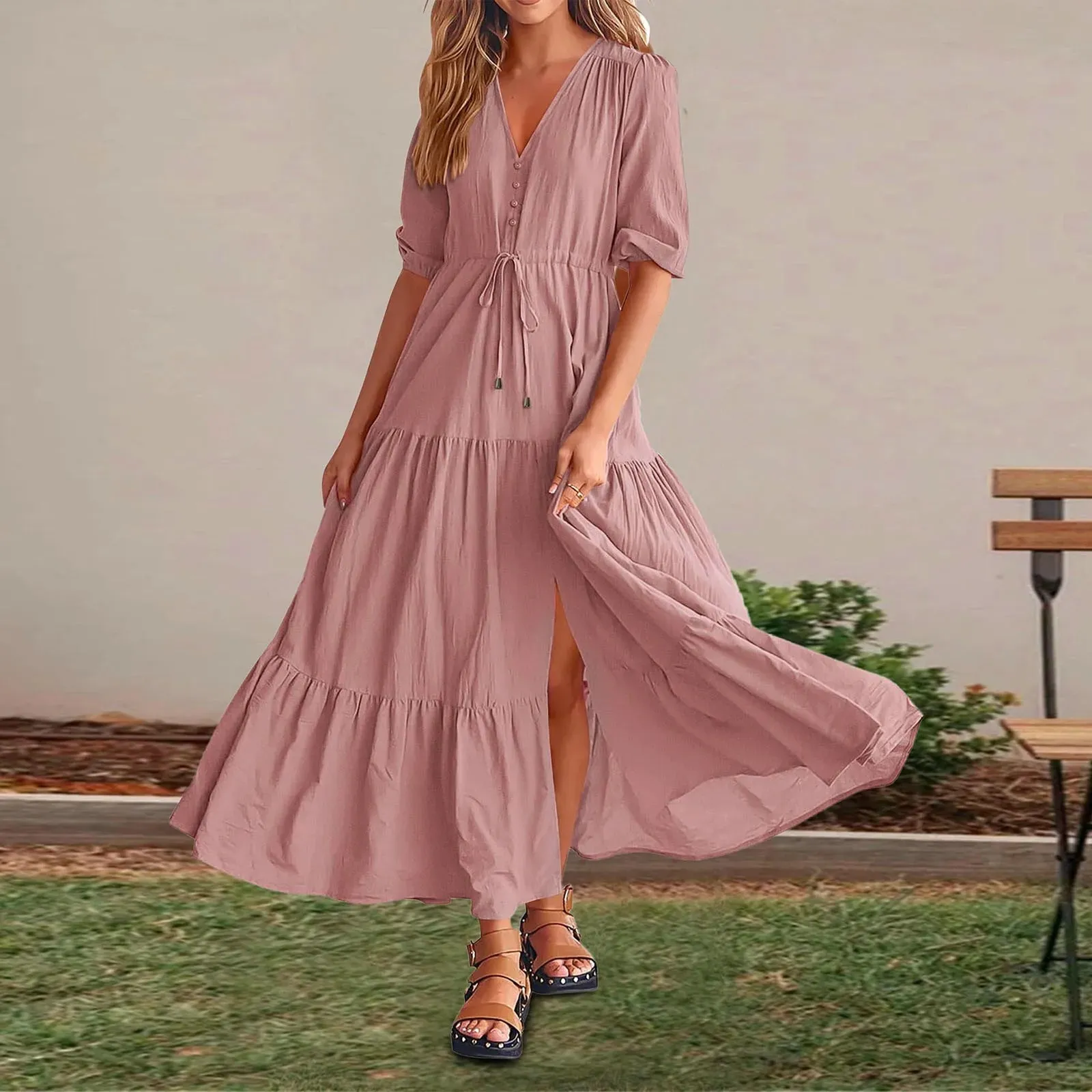 Color Short Sleeve V Neck Ruffles A-Line Side Slit Maxi Bohemian Vacation Midi Solid Dress