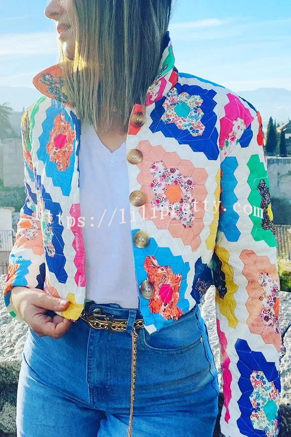 Colorful Multi Print Button Up Quilted Cropped Jacket