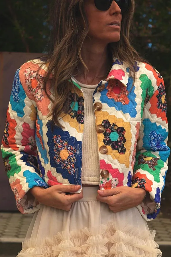 Colorful Multi Print Button Up Quilted Cropped Jacket