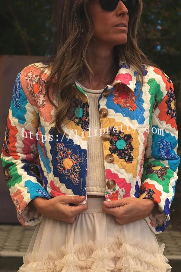 Colorful Multi Print Button Up Quilted Cropped Jacket