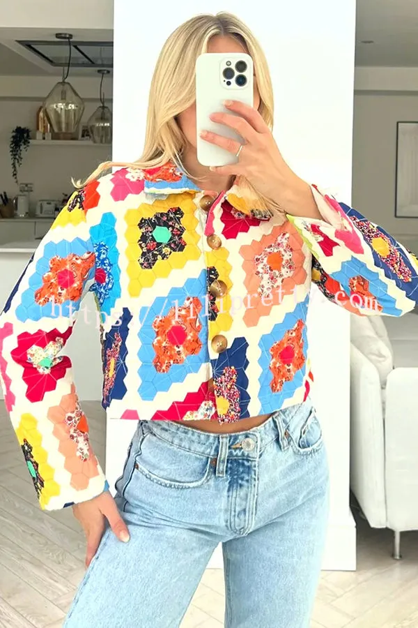 Colorful Multi Print Button Up Quilted Cropped Jacket