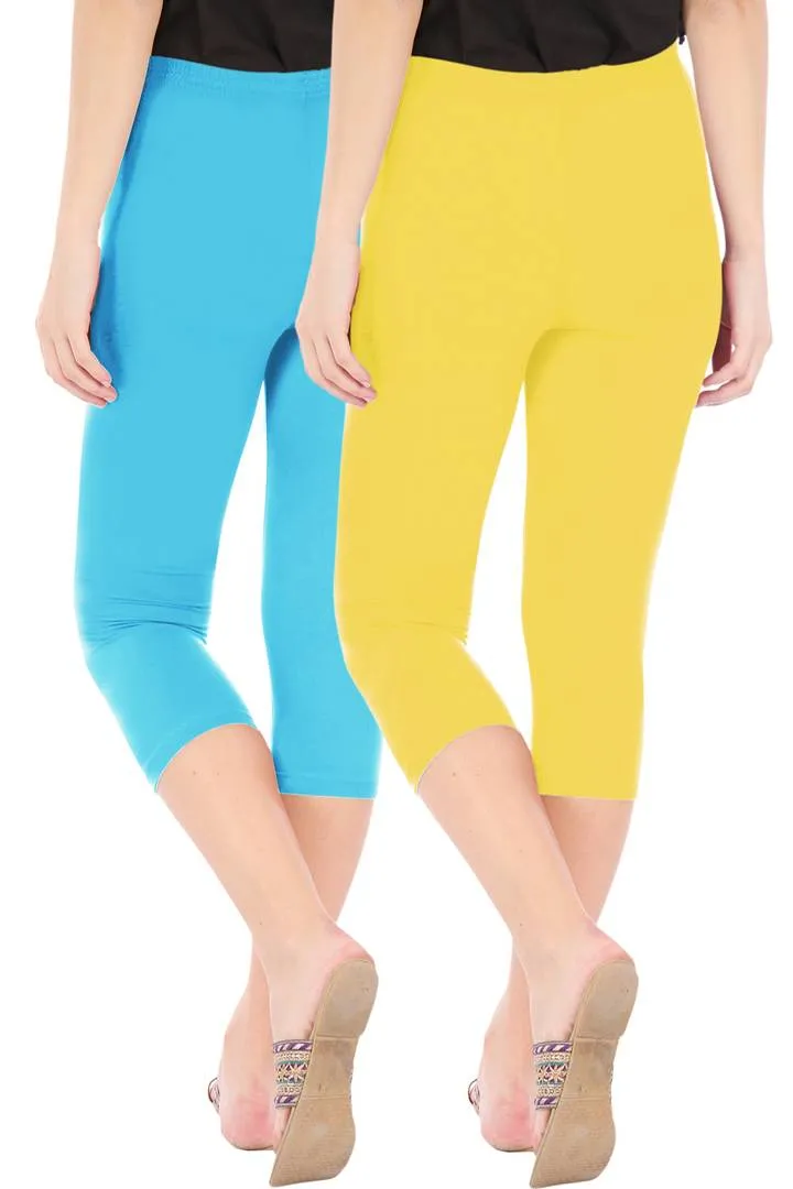 Combo Pack of 2 Skinny Fit 3/4 Capris Leggings for Women Sky Blue Lemon Yellow