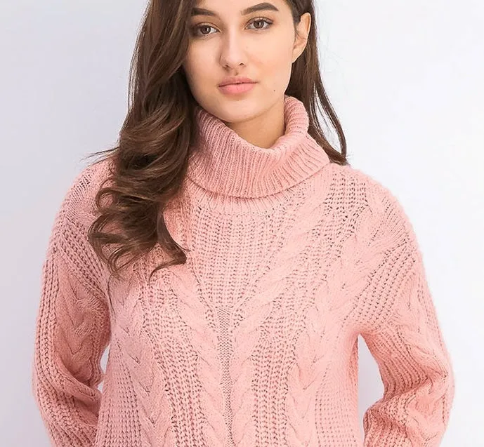 Crave Fame Juniors' Turtleneck Cable Knit Sweater Pink Size Large