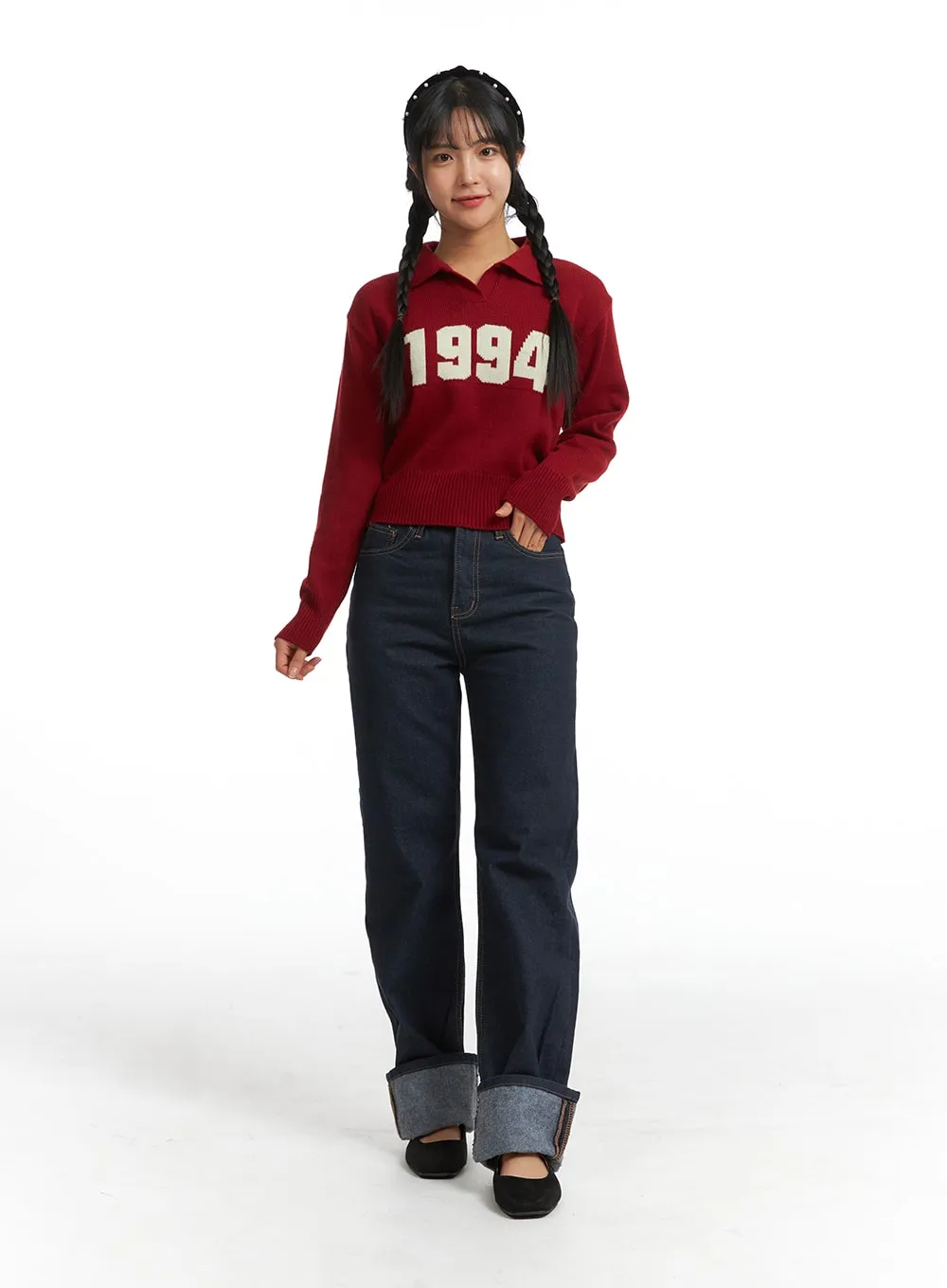 Crop Collar Lettering Sweater OJ404