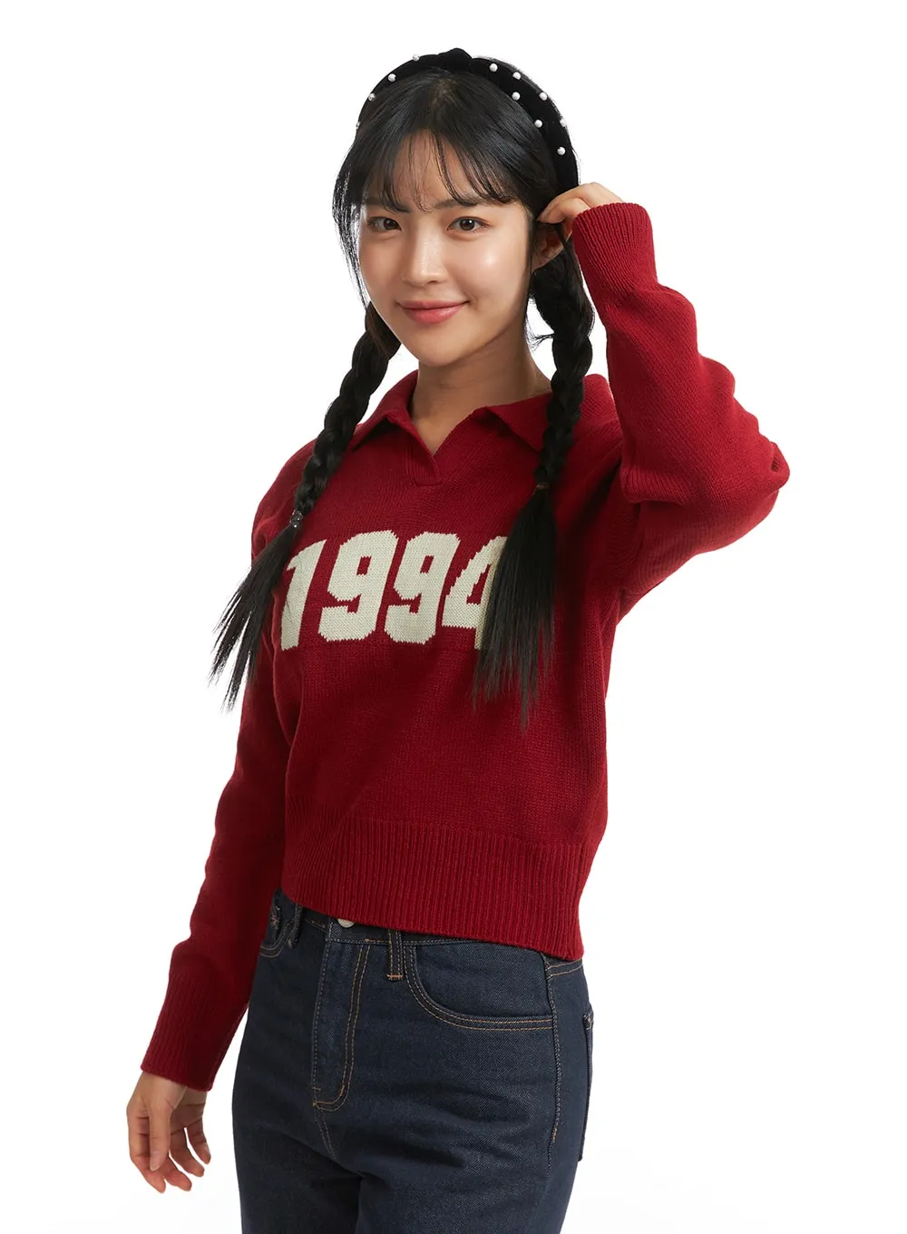 Crop Collar Lettering Sweater OJ404