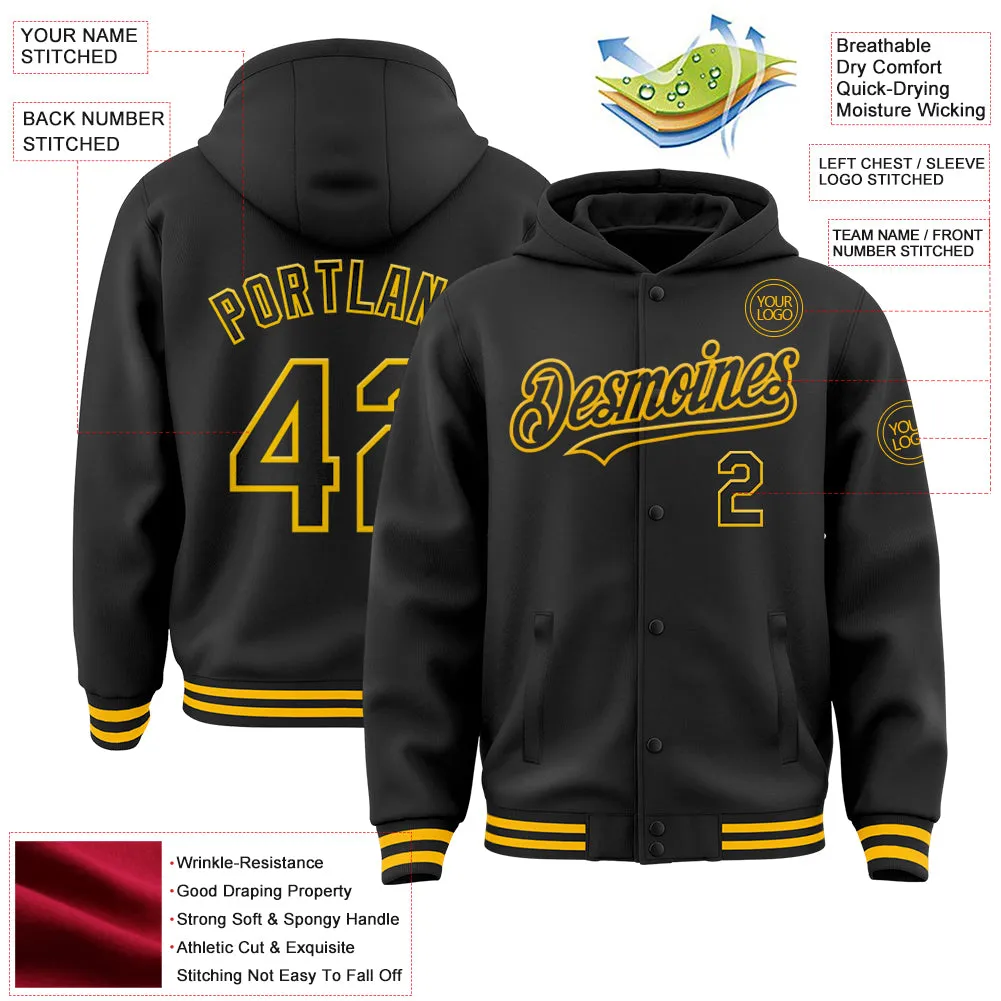 Custom Black Gold Bomber Full-Snap Varsity Letterman Hoodie Jacket