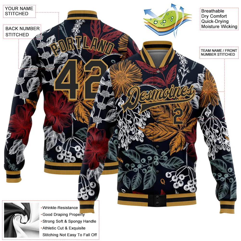 Custom Black Old Gold Flowers And Branches 3D Pattern Design Bomber Full-Snap Varsity Letterman Jacket