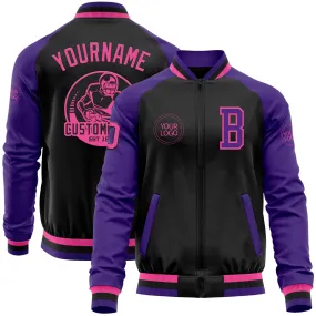 Custom Black Pink-Purple Bomber Varsity Letterman Two Tone Zipper Jacket