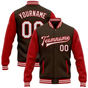 Custom Brown White-Red Bomber Full-Snap Varsity Letterman Two Tone Jacket