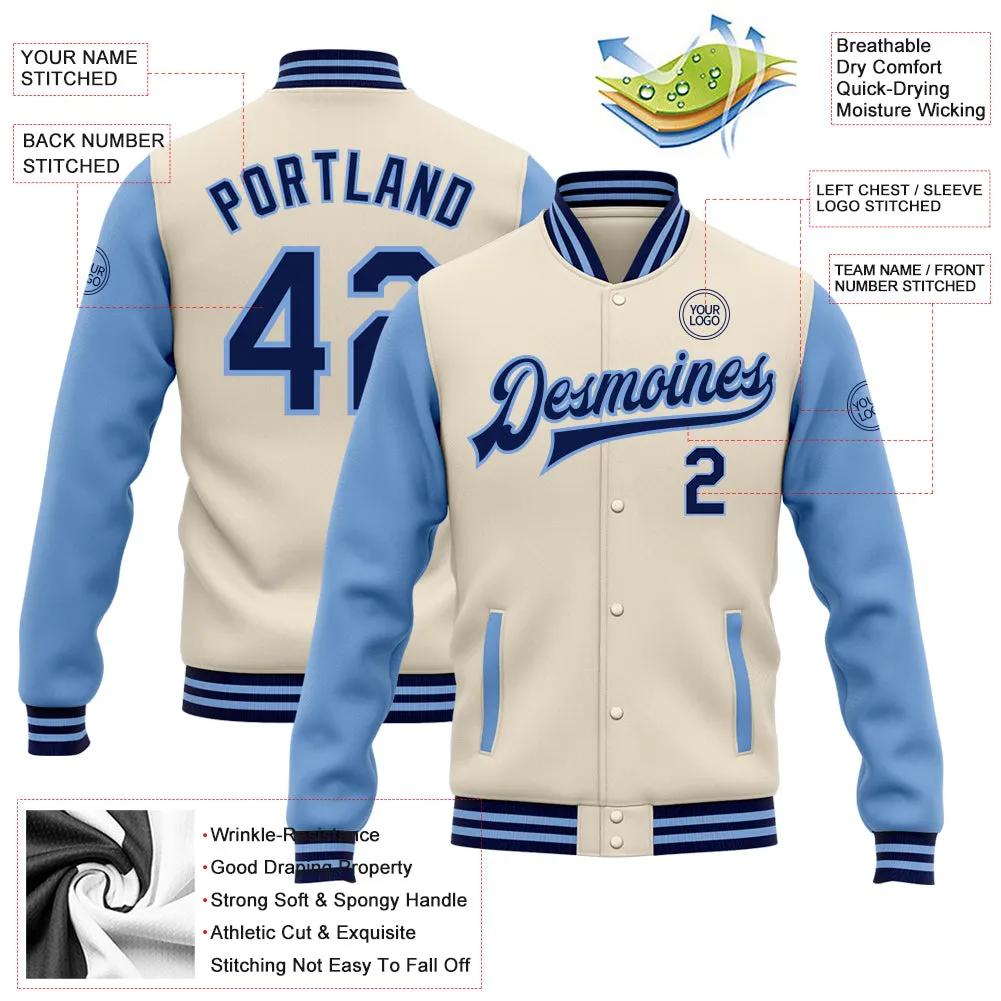 Custom Cream Navy-Light Blue Bomber Full-Snap Varsity Letterman Two Tone Jacket