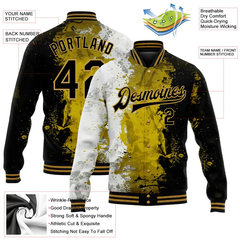 Custom Graffiti Pattern Black-Old Gold Grunge Art 3D Bomber Full-Snap Varsity Letterman Jacket