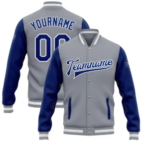 Custom Gray Royal-White Bomber Full-Snap Varsity Letterman Two Tone Jacket