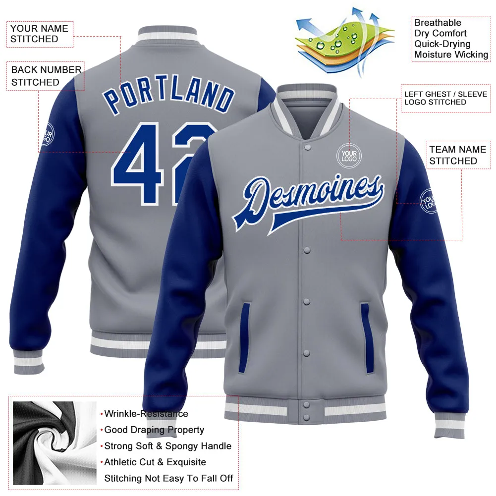 Custom Gray Royal-White Bomber Full-Snap Varsity Letterman Two Tone Jacket