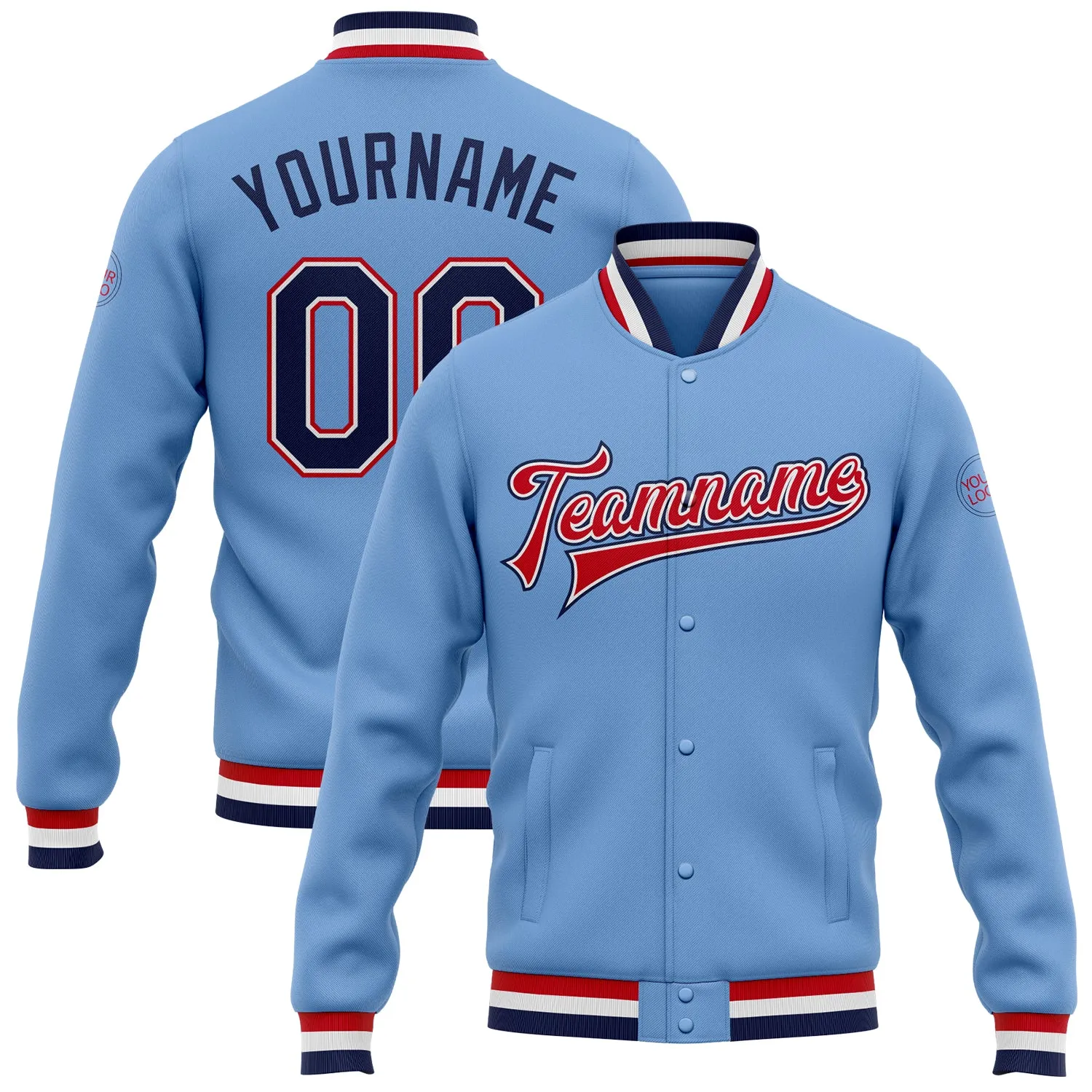 Custom Light Blue Navy White-Red Bomber Full-Snap Varsity Letterman Jacket