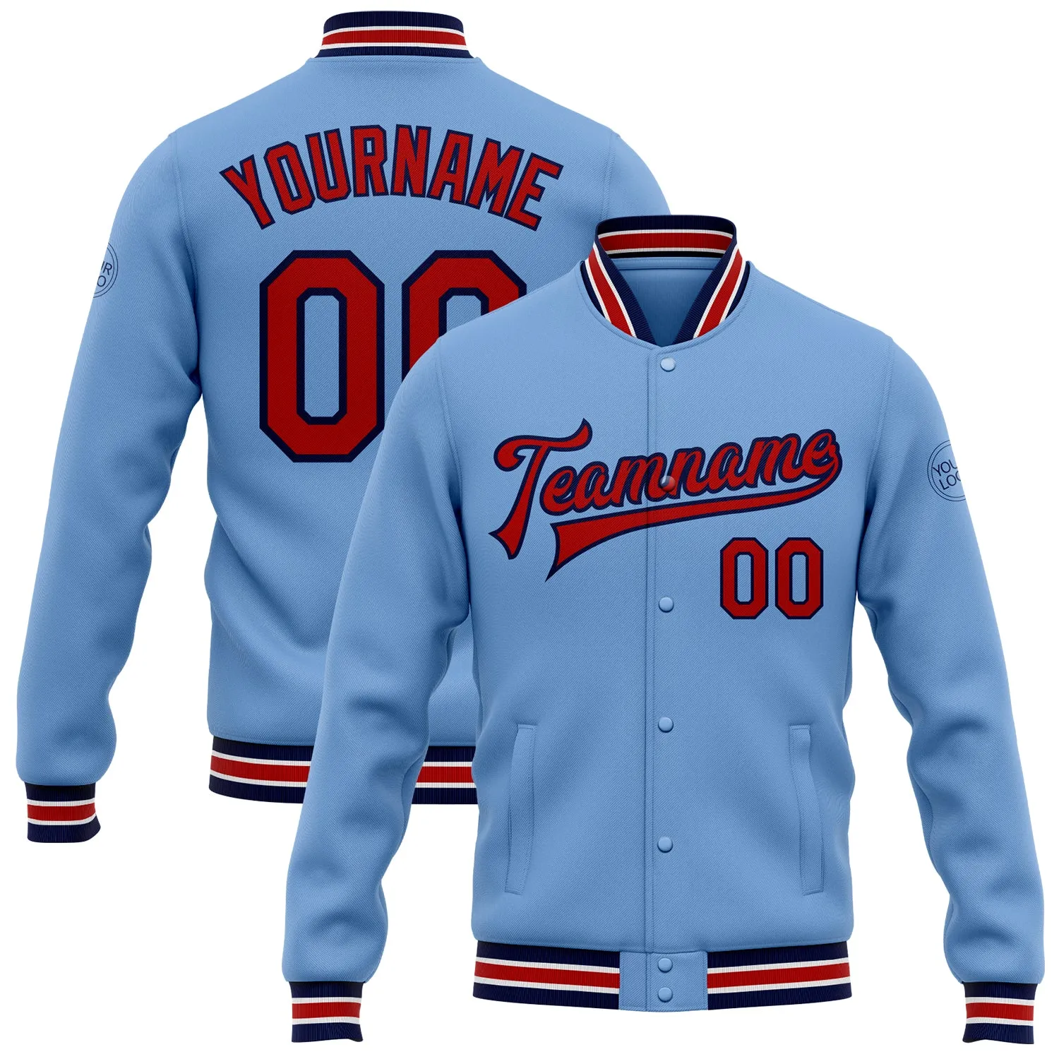 Custom Light Blue Red-Navy Bomber Full-Snap Varsity Letterman Jacket