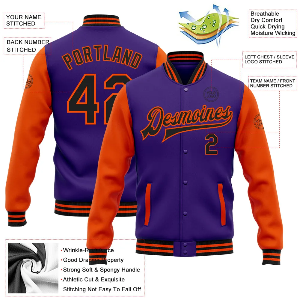 Custom Purple Black-Orange Bomber Full-Snap Varsity Letterman Two Tone Jacket