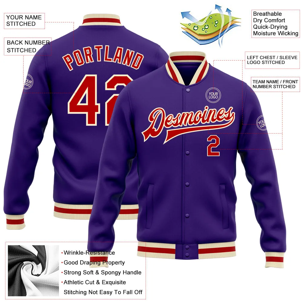 Custom Purple Red-Cream Bomber Full-Snap Varsity Letterman Jacket