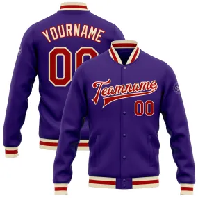 Custom Purple Red-Cream Bomber Full-Snap Varsity Letterman Jacket