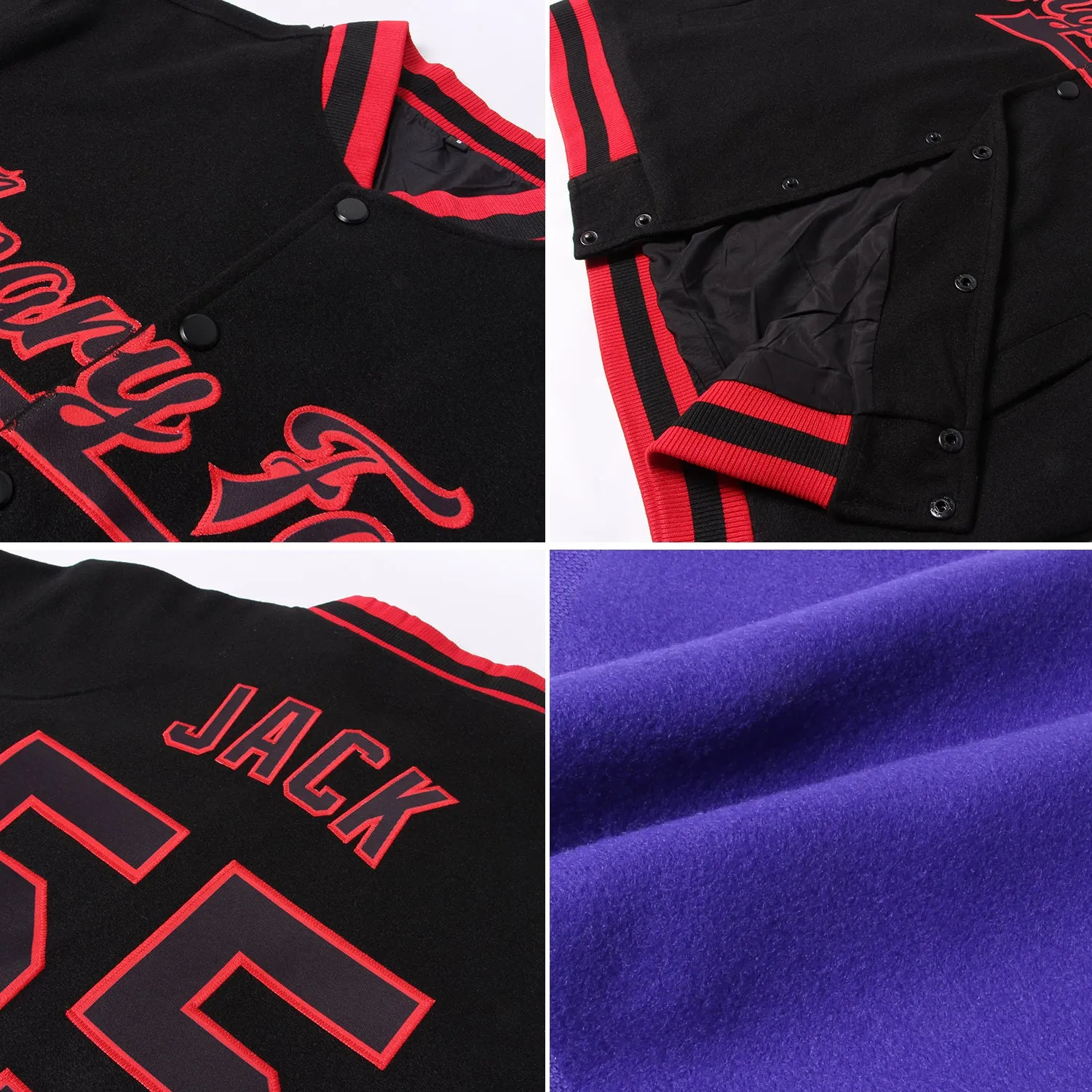 Custom Purple Red-White Bomber Full-Snap Varsity Letterman Jacket