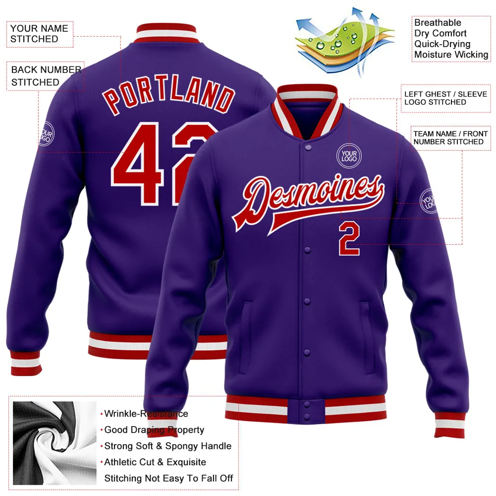 Custom Purple Red-White Bomber Full-Snap Varsity Letterman Jacket