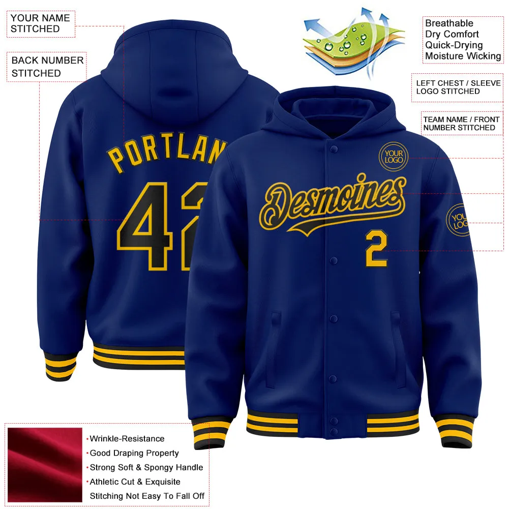 Custom Royal Black-Gold Bomber Full-Snap Varsity Letterman Hoodie Jacket