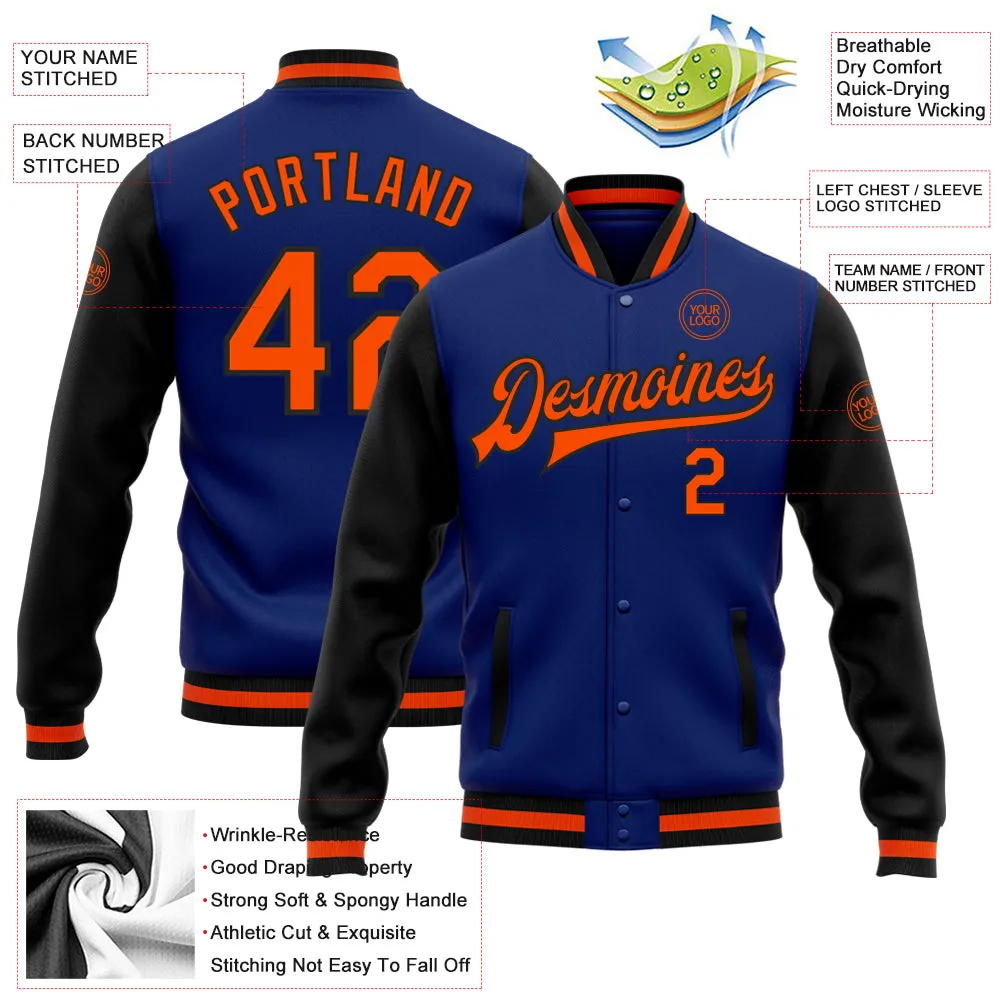 Custom Royal Orange-Black Bomber Full-Snap Varsity Letterman Two Tone Jacket